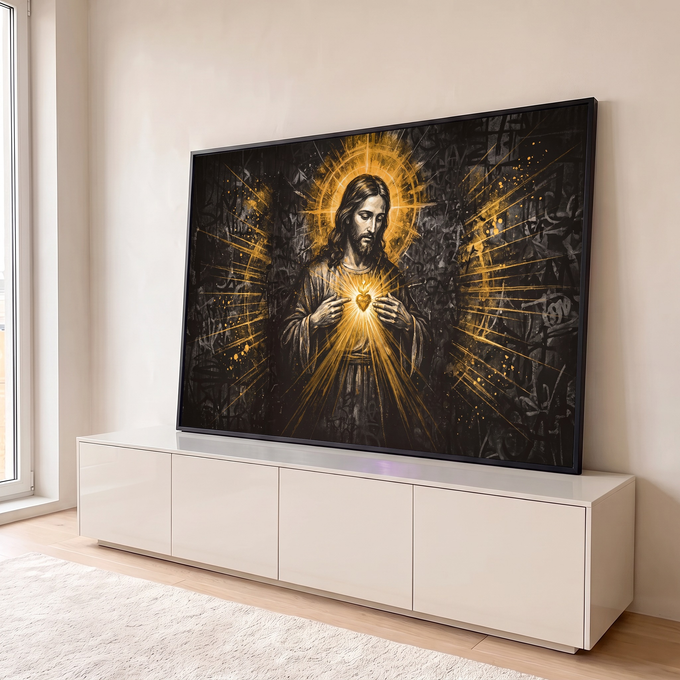 Quadro Decorativo Grande Sagrado Coração Manto para Sala | quadros decorativos para sala | Jesus Cristo apontando para coração sagrado dourado em fundo preto estilo grafite | em Quadros para Sala | Porao dos Quadros