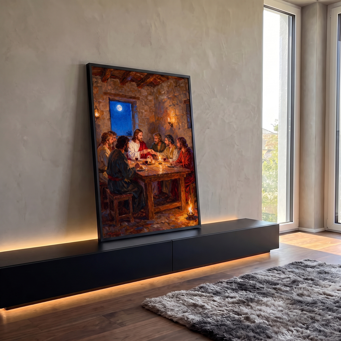 Quadro Decorativo Grande Última Ceia Luz de Velas para Sala | quadros decorativos para sala | Jesus e apóstolos à mesa durante a Última Ceia, sala de pedra iluminada por velas | em Quadros para Sala | Porao dos Quadros