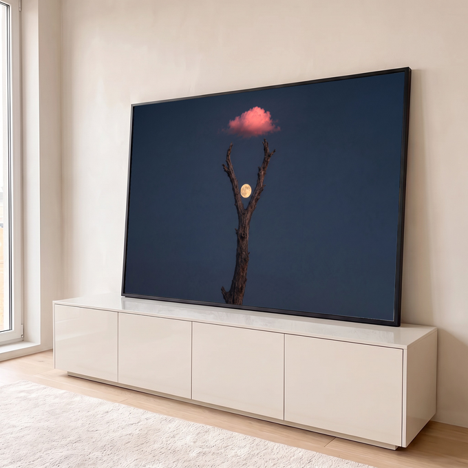 Quadro Decorativo Grande Lua Cheia Galhos para Sala Azul | quadros decorativos para sala | lua cheia entre galhos secos de árvore com nuvem rosa ao fundo noturno | em Quadros para Sala | Porao dos Quadros