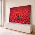 Quadro Decorativo Grande Figura para Sala Vermelho | quadros decorativos para sala | figura de blazer cinza com cabeça feita de novelo de lã vermelha em campo de novelos | em Quadros para Sala | Porao dos Quadros