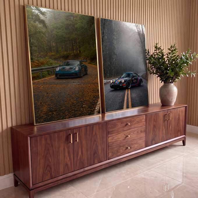 Quadro Decorativo Kit 2 Telas Esportivo na Estrada para Sala | quadros decorativos para sala | dois Porsches esportivos em estradas de floresta com neblina, um verde e outro preto | em Quadros para Sala | Porao dos Quadros
