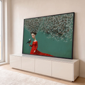 Quadro Decorativo Grande Mulher para Sala Vermelho | quadros decorativos para sala | mulher de vestido vermelho com cabelo de dente-de-leão segurando um pássaro colorido | em Quadros para Sala | Porao dos Quadros