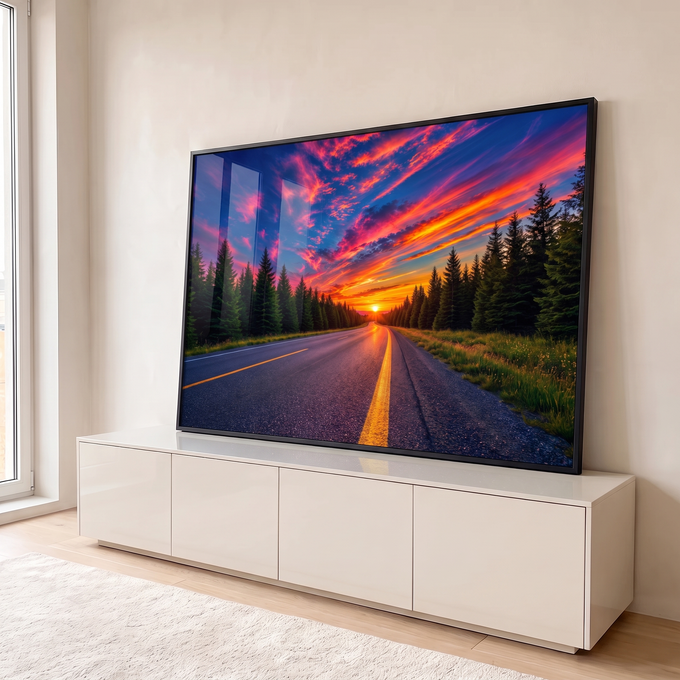 Quadro Decorativo Grande Estrada Entre Pinheiros para Sala | quadros decorativos para sala | estrada entre pinheiros com pôr do sol e céu colorido em rosa e laranja | em Quadros para Sala | Porao dos Quadros