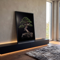 Quadro Decorativo Grande Árvore da Vida Verde para Sala | quadros decorativos para sala | bonsai de tronco retorcido sobre rocha com fundo preto | em Quadros para Sala | Porao dos Quadros