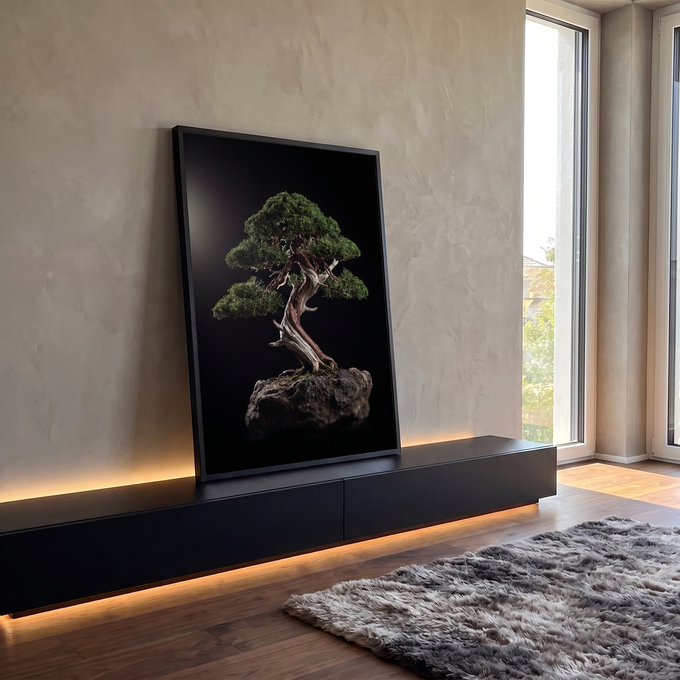 Quadro Decorativo Grande Árvore da Vida Verde para Sala | quadros decorativos para sala | bonsai de tronco retorcido sobre rocha com fundo preto | em Quadros para Sala | Porao dos Quadros