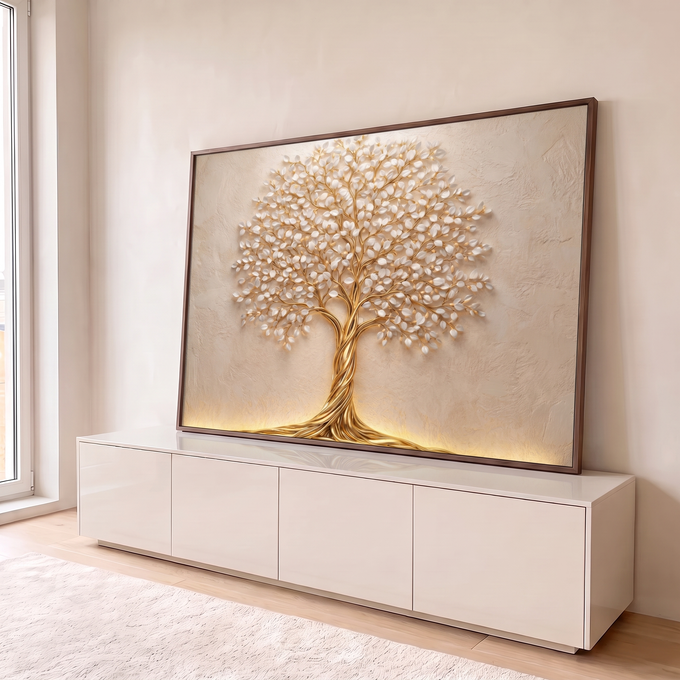 Árvore da vida dourada com tronco trançado e folhas brancas em relevo sobre parede bege, quadro decorativo