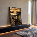 Quadro Decorativo Grande Grito de Munch para Sala Dourado | quadros decorativos para sala | figura gritando sobre ponte com céu ondulado em tons dourados e pretos | em Quadros para Sala | Porao dos Quadros