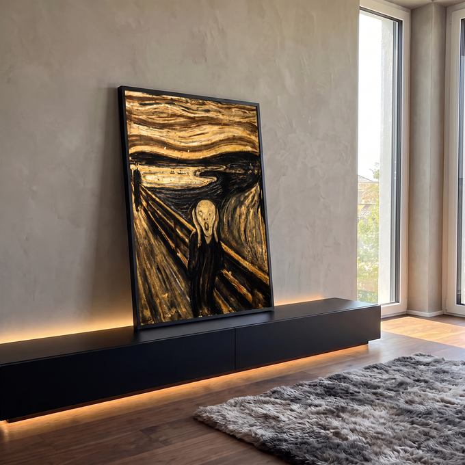 Quadro Decorativo Grande Grito de Munch para Sala Dourado | quadros decorativos para sala | figura gritando sobre ponte com céu ondulado em tons dourados e pretos | em Quadros para Sala | Porao dos Quadros