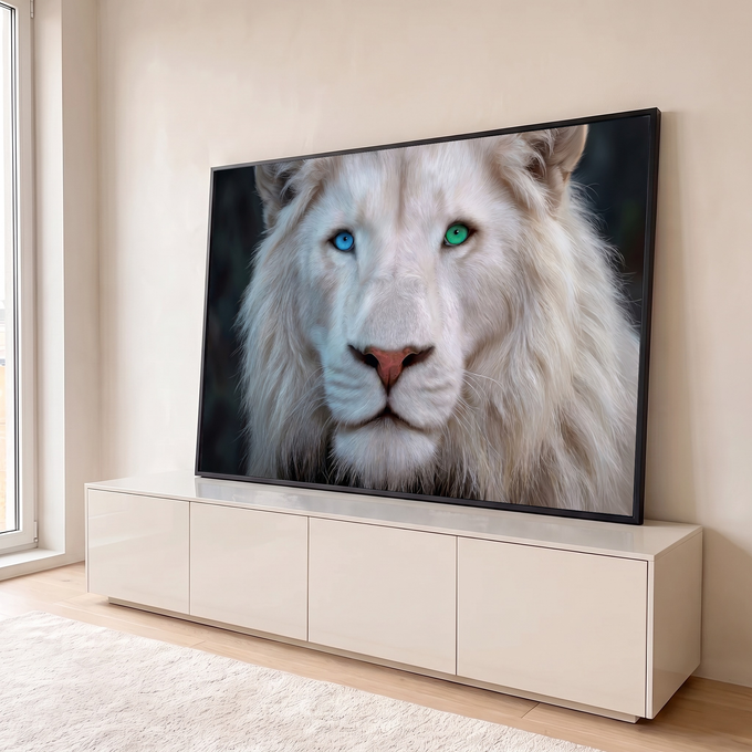 Close de leão branco com um olho azul e outro verde, juba volumosa e fundo escuro, quadro decorativo