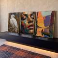 Quadro Decorativo Kit 3 Telas Águia Rosto para Sala Laranja | quadros decorativos para sala | águia branca, rosto feminino abstrato colorido e canoa em cânion ao pôr do sol | em Quadros para Sala | Porao dos Quadros