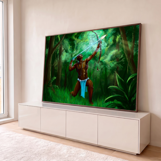 Oxóssi ajoelhado disparando flecha brilhante com arco na floresta verde, orixá da mata, quadro decorativo