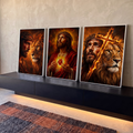 Quadro Decorativo Kit 3 Telas Jesus Cristo para Sala | quadros decorativos para sala | Jesus Cristo com coroa de espinhos, leão dourado e cruz em chamas em três painéis | em Quadros para Sala | Porao dos Quadros