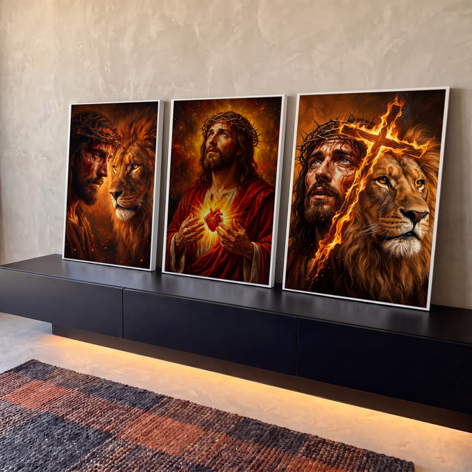 Quadro Decorativo Kit 3 Telas Jesus Cristo para Sala | quadros decorativos para sala | Jesus Cristo com coroa de espinhos, leão dourado e cruz em chamas em três painéis | em Quadros para Sala | Porao dos Quadros