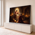 Jesus com auréola dourada abençoa um homem ajoelhado em uma catedral de pedra iluminada por velas, quadro decorativo