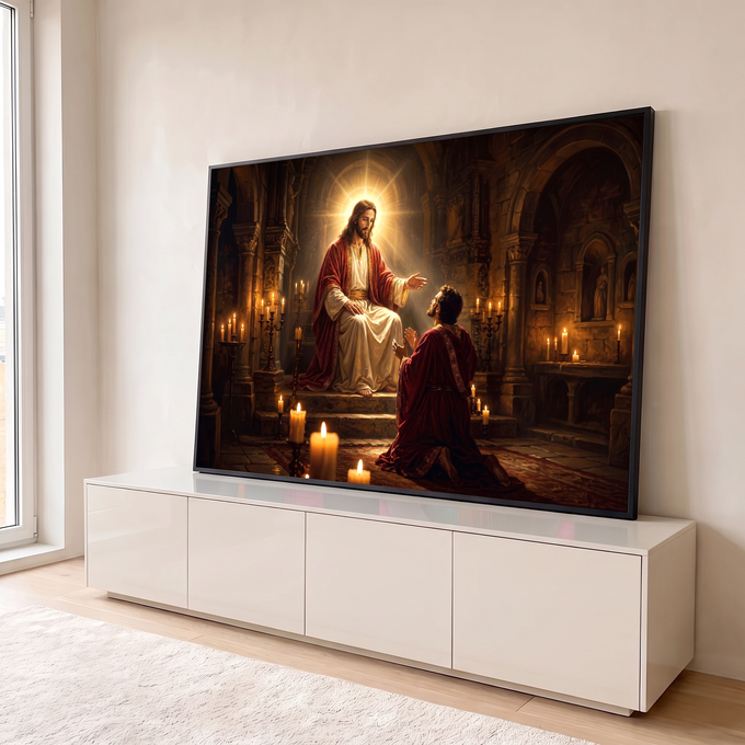 Jesus com auréola dourada abençoa um homem ajoelhado em uma catedral de pedra iluminada por velas, quadro decorativo