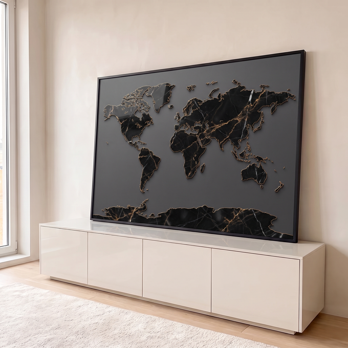 Quadro Decorativo Grande Mapa Mundi para Sala Preto | quadros decorativos para sala | mapa-múndi em textura de mármore preto com contornos dourados sobre fundo cinza | em Quadros para Sala | Porao dos Quadros