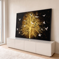 Quadro Decorativo Grande Árvore Dourada Pombas para Sala | quadros decorativos para sala | árvore dourada sem folhas com pombas brancas voando em fundo preto | em Quadros para Sala | Porao dos Quadros