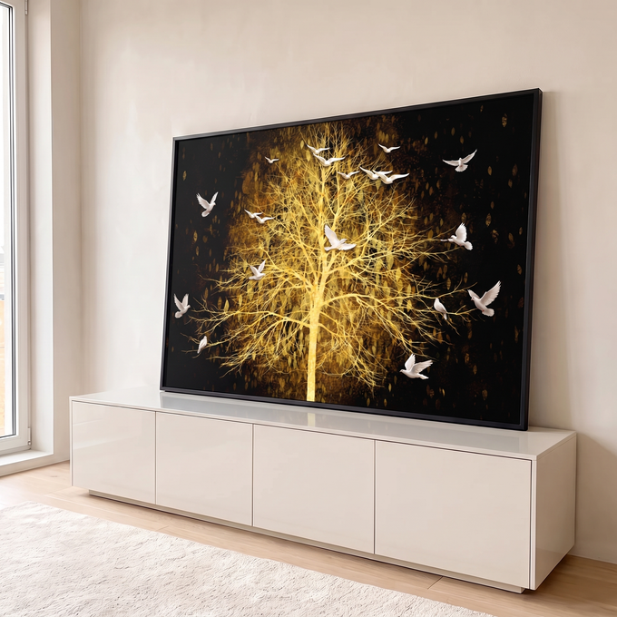Quadro Decorativo Grande Árvore Dourada Pombas para Sala | quadros decorativos para sala | árvore dourada sem folhas com pombas brancas voando em fundo preto | em Quadros para Sala | Porao dos Quadros