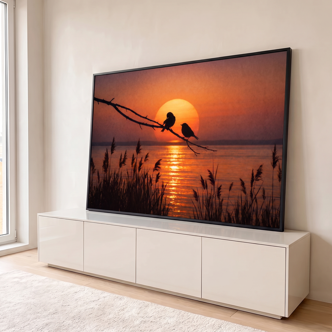 Quadro Decorativo Grande Pássaros no Galho para Sala Laranja | quadros decorativos para sala | dois pássaros em silhueta sobre galho com pôr do sol laranja ao fundo | em Quadros para Sala | Porao dos Quadros