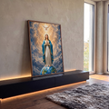 Quadro Decorativo Grande Nossa Senhora Nuvens para Sala | quadros decorativos para sala | Nossa Senhora de manto azul orando sobre o globo terrestre com pomba de luz acima | em Quadros para Sala | Porao dos Quadros