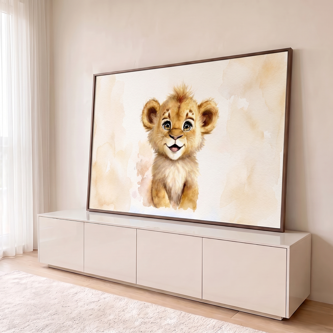 Quadro Decorativo Grande Filhote de Leão para Quarto de Bebê | quadros decorativos para sala | filhote de leão fofo em aquarela com olhos grandes e sorriso doce | em Quadros para Quarto de Bebê | Porao dos Quadros