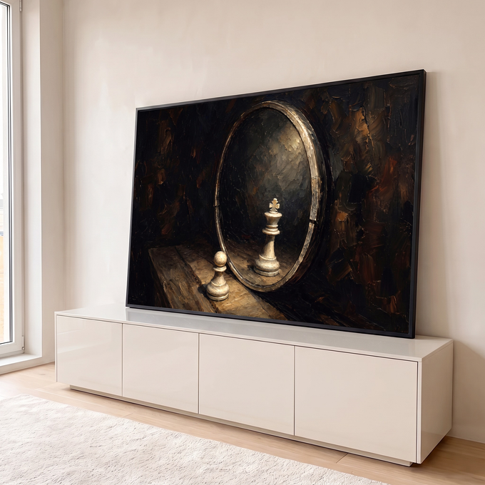 Pintura a óleo de peão de xadrez diante de espelho oval que reflete um rei, fundo escuro, quadro decorativo