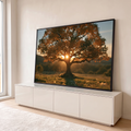 Quadro Decorativo Árvore ao Pôr do Sol em Tons de Laranja | quadros decorativos para sala | árvore isolada com folhagem laranja e sol brilhando entre os galhos ao entardecer | em Quadros para Sala | Porao dos Quadros