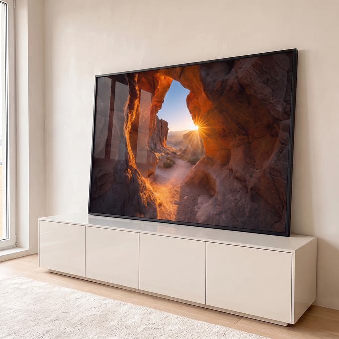 Quadro Decorativo Grande Arco de Pedra Laranja para Sala | quadros decorativos para sala | arco de rocha laranja emoldurando pôr do sol sobre deserto | em Quadros para Sala | Porao dos Quadros