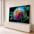 Quadro Decorativo Grande Dália Colorida para Sala Azul | quadros decorativos para sala | dália em close com pétalas azuis, amarelas e magenta sobre fundo preto | em Quadros para Sala | Porao dos Quadros