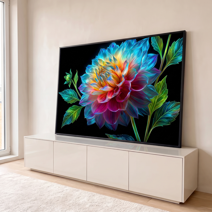 Quadro Decorativo Grande Dália Colorida para Sala Azul | quadros decorativos para sala | dália em close com pétalas azuis, amarelas e magenta sobre fundo preto | em Quadros para Sala | Porao dos Quadros