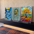 Quadro Decorativo Kit 3 Telas Tributo a Van Gogh para Sala | quadros decorativos para sala | três painéis com noite estrelada, autorretrato e árvore dourada ao estilo Van Gogh | em Quadros para Sala | Porao dos Quadros