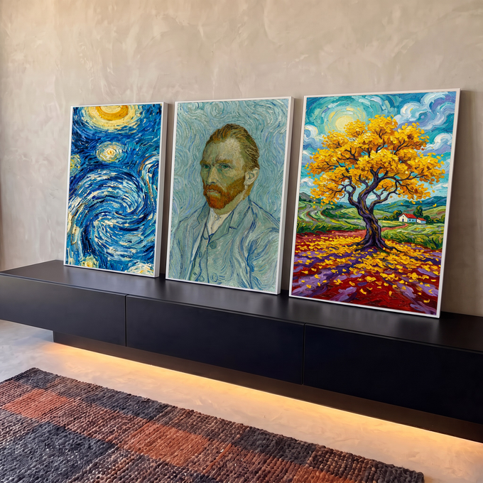 Quadro Decorativo Kit 3 Telas Tributo a Van Gogh para Sala | quadros decorativos para sala | três painéis com noite estrelada, autorretrato e árvore dourada ao estilo Van Gogh | em Quadros para Sala | Porao dos Quadros
