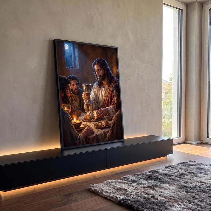 Quadro Decorativo Grande Última Ceia para Sala Marrom | quadros decorativos para sala | Jesus ergue cálice prateado e parte pão à luz de velas com apóstolos ao redor | em Quadros para Sala | Porao dos Quadros