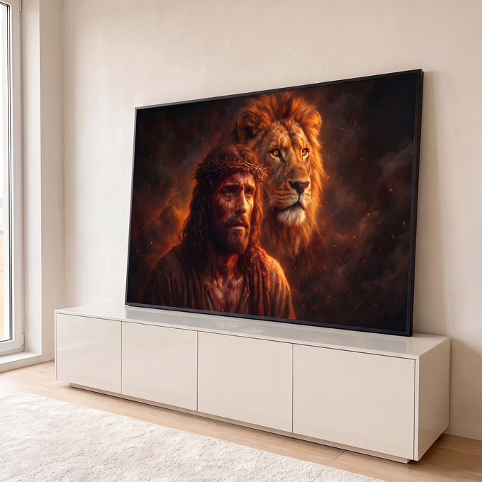 Jesus com coroa de espinhos ao lado do Leão de Judá em fundo de fogo e fumaça laranja, quadro decorativo