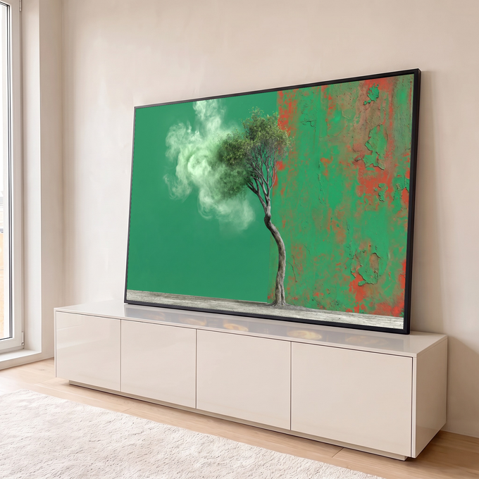 Árvore de tronco curvo virando fumaça verde diante de parede descascada, quadro decorativo