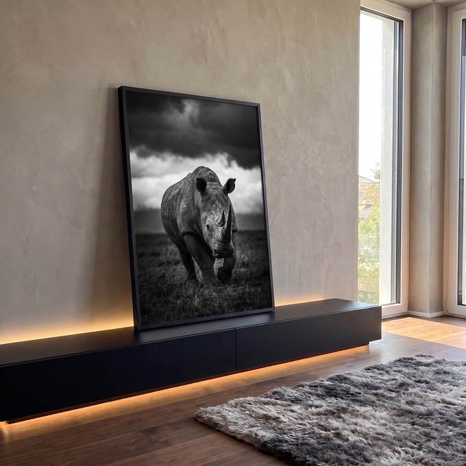 Rinoceronte caminhando na savana sob céu de tempestade em fotografia preto e branco, quadro decorativo