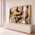 Quadro Decorativo Grande Abstrato Círculos Amarelo para Sala | quadros decorativos para sala | círculos abstratos em preto e amarelo mostarda sobre fundo bege com toques de laranja | em Quadros para Sala | Porao dos Quadros