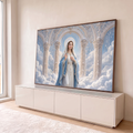 Nossa Senhora de manto azul e véu branco entre nuvens e arcos de pérolas, auréola dourada, quadro decorativo