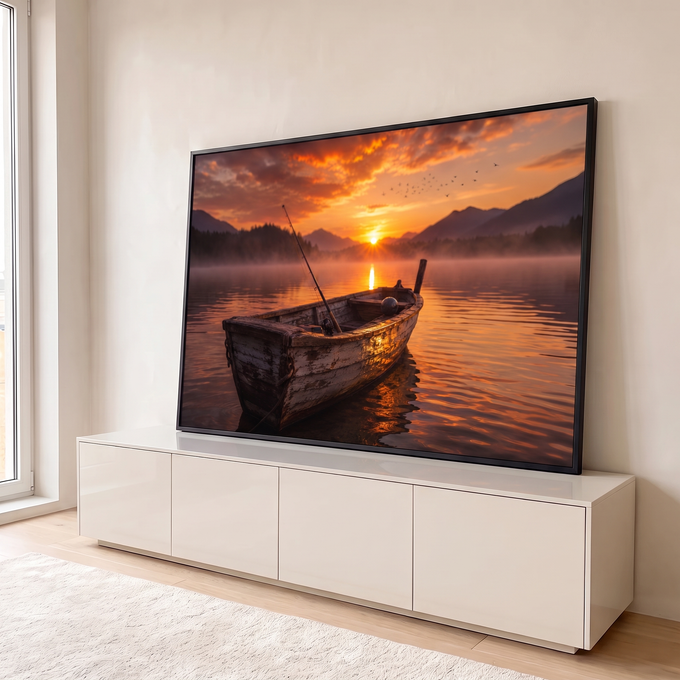 Quadro Decorativo Grande Barco de Pesca Laranja para Sala | quadros decorativos para sala | barco de madeira vazio sobre lago com neblina ao pôr do sol laranja | em Quadros para Sala | Porao dos Quadros