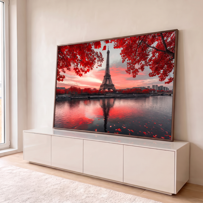Quadro Decorativo Grande Torre Eiffel Vermelho para Sala | quadros decorativos para sala | Torre Eiffel ao entardecer emoldurada por folhas vermelhas refletida no rio | em Quadros para Sala | Porao dos Quadros