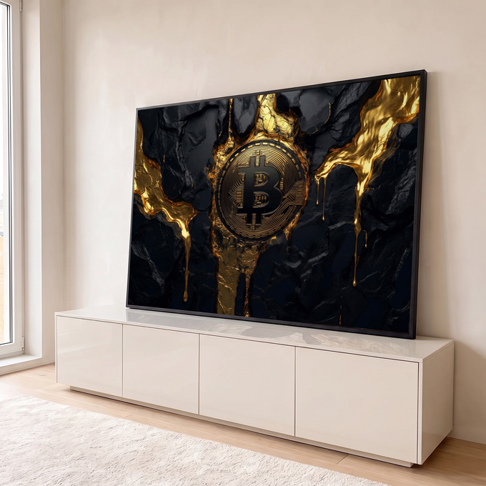 Moeda de Bitcoin dourada em rocha preta com ouro líquido escorrendo, arte digital, quadro decorativo