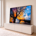 Quadro Decorativo Grande Árvore Seca Laranja para Sala | quadros decorativos para sala | árvore seca em silhueta contra céu dividido entre pôr do sol, lua e nuvens azuis | em Quadros para Sala | Porao dos Quadros