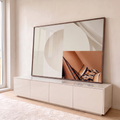 Quadro Decorativo Grande Composição com Lenço para Sala Bege | quadros decorativos para sala | painel bege com forma circular, tecido fluido e lenço listrado sobre pele | em Quadros para Sala | Porao dos Quadros