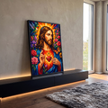 Quadro Decorativo Grande Sagrado Coração Cruz para Sala Azul | quadros decorativos para sala | retrato de Jesus Cristo em mosaico geométrico com coração sagrado em chamas e flores | em Quadros para Sala | Porao dos Quadros