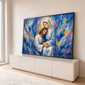 Quadro Decorativo Grande Jesus e Maria para Sala Azul | quadros decorativos para sala | Jesus e Maria abraçados sobre fundo abstrato em azul, rosa e dourado | em Quadros para Sala | Porao dos Quadros