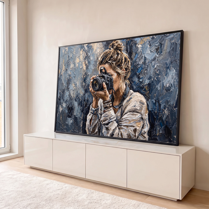 Pintura a óleo com espátula de mulher de coque fotografando com câmera, fundo azul e cinza, quadro decorativo