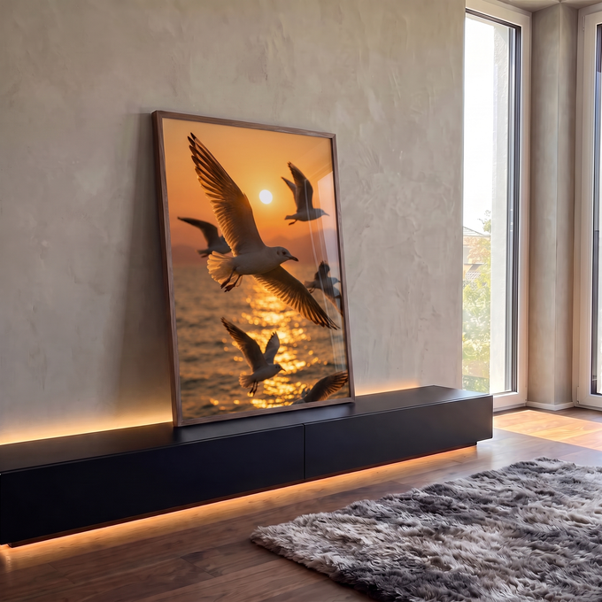 Gaivotas de asas abertas voando sobre o mar ao pôr do sol laranja com reflexo dourado, quadro decorativo