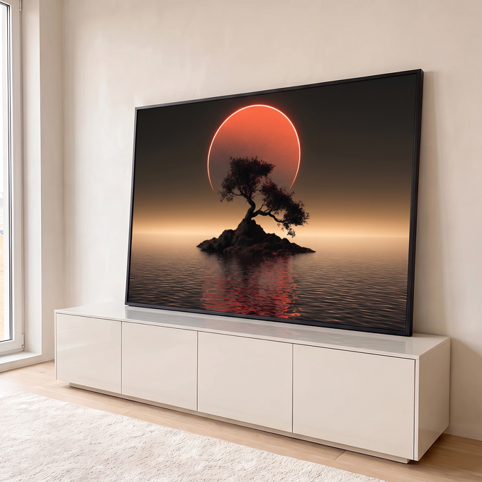Quadro Decorativo Grande Árvore Solitária para Sala Preto | quadros decorativos para sala | árvore solitária em ilha de pedra com sol vermelho gigante refletido no mar escuro | em Quadros para Sala | Porao dos Quadros