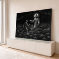 Quadro Decorativo Grande Jesus Caminha para Sala Preto | quadros decorativos para sala | Jesus com auréola estende a mão a um homem afundando no mar, em pontilhismo preto e branco | em Quadros para Sala | Porao dos Quadros