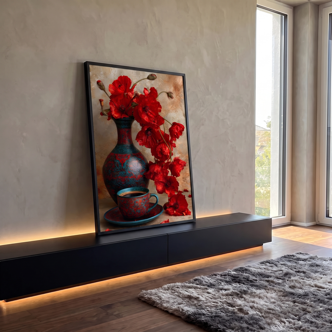 Papoulas vermelhas em vaso azul ornamentado com xícara de café sobre mesa rústica, quadro decorativo